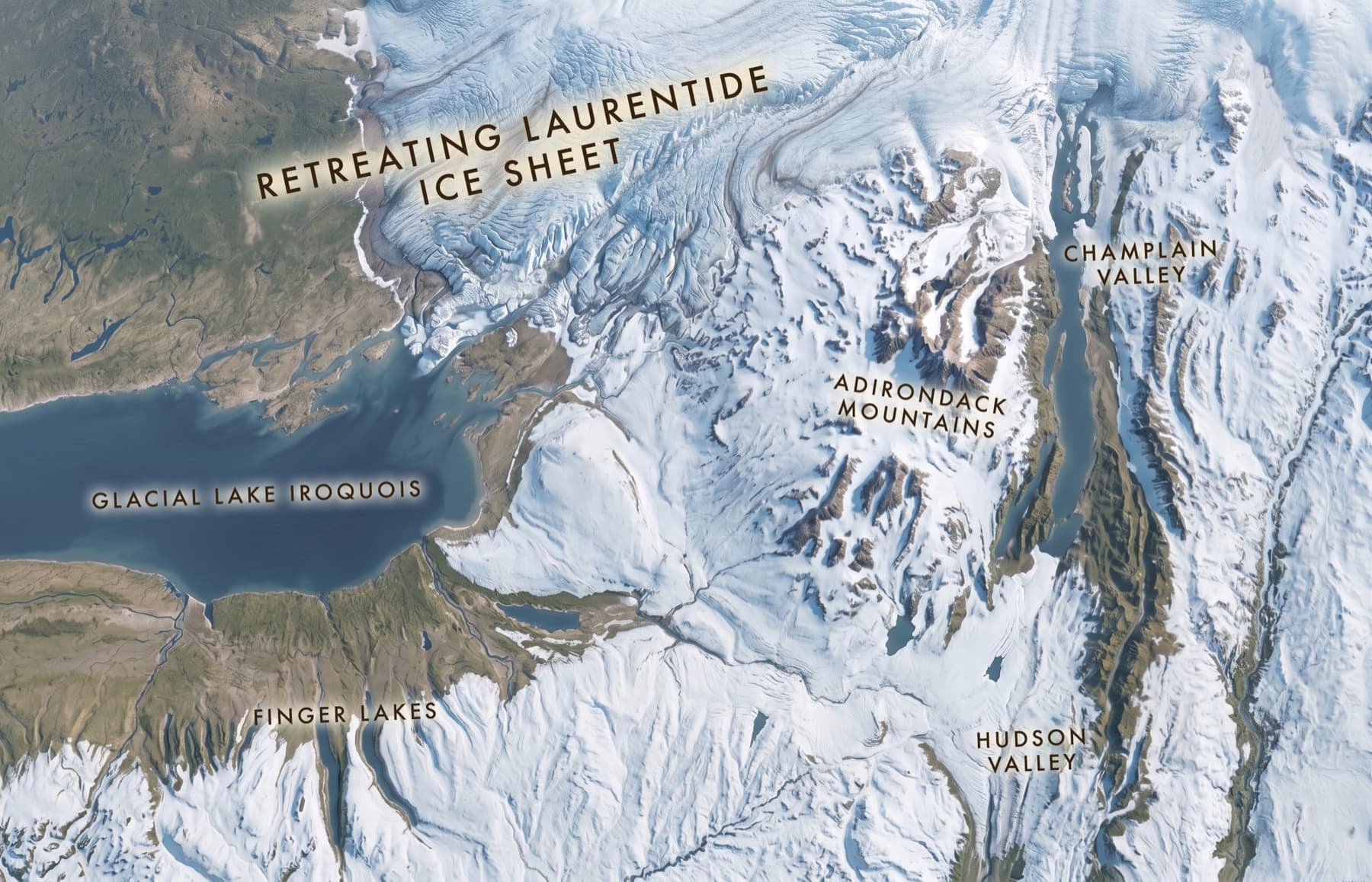 Illustration showing glacial ice flowing through the Adirondack landscape