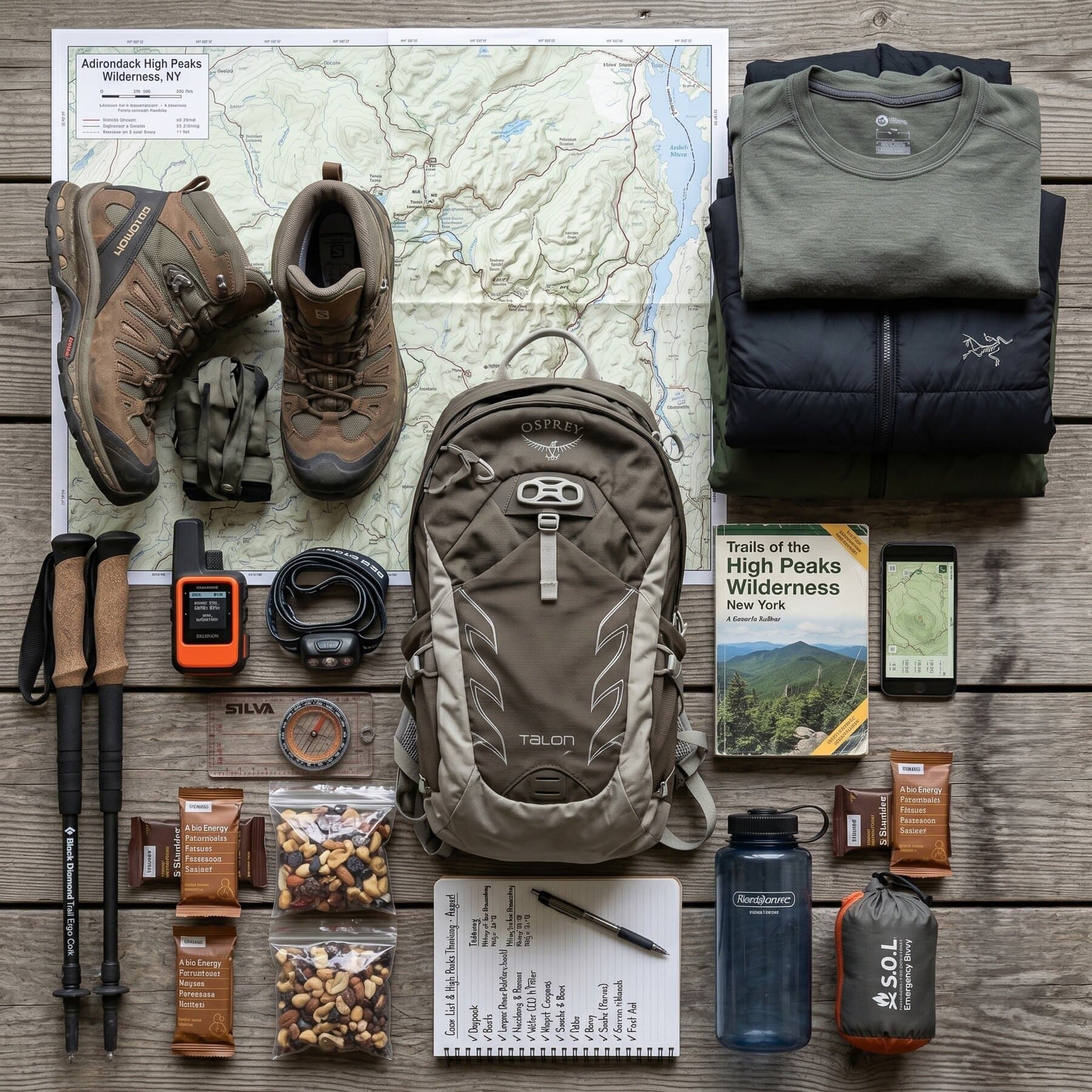 Adirondack hiking preparation scene with map, pack, layers, water, and safety essentials